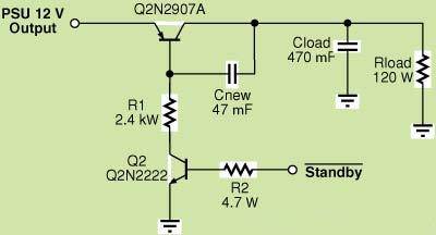 簡單的軟啟動電路可以禁止待機時的電源輸出，同時消除導(dǎo)通時的電流尖峰，因此，可利用小型晶體管(Q1)來保持低成本